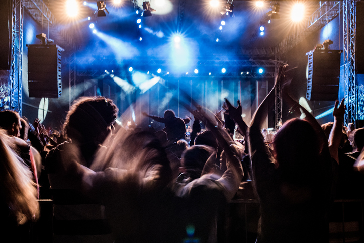 Fans with raised arms enjoying concert, people on open-air music festival