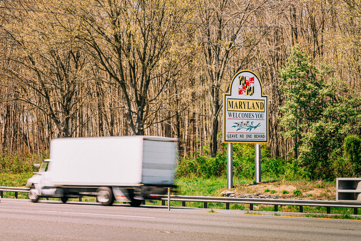 White Box Truck "Maryland Welcomes You" Sign along US Interstate 95 near Newark, Delaware